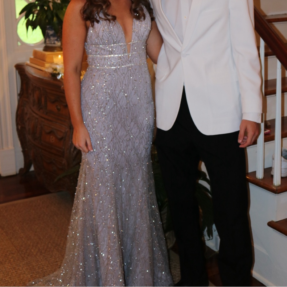 Beaded Silver Evening Gown with Deep V